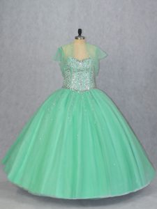 Shining Sleeveless Tulle Floor Length Lace Up Quinceanera Dress in Apple Green with Beading