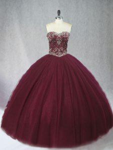 Cheap Floor Length Lace Up 15th Birthday Dress Burgundy for Sweet 16 and Quinceanera with Beading