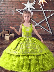  Yellow Green Sleeveless Floor Length Embroidery and Ruffled Layers Lace Up Kids Formal Wear