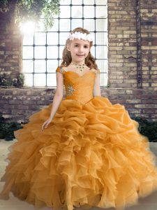 Most Popular Orange Little Girls Pageant Gowns Party and Wedding Party with Beading and Ruffles and Pick Ups Straps Sleeveless Lace Up