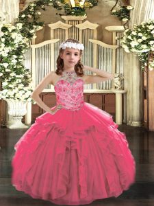 Custom Fit Hot Pink Lace Up Halter Top Beading and Ruffles Pageant Gowns For Girls Tulle Sleeveless