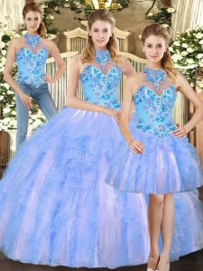 Classical Multi-color Lace Up Halter Top Embroidery Quinceanera Dresses Tulle Sleeveless