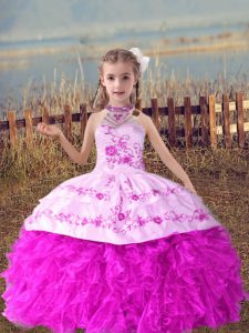 Charming Lilac Halter Top Lace Up Beading and Embroidery and Ruffles Kids Formal Wear Sleeveless