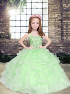  Straps Sleeveless Little Girl Pageant Dress Floor Length Beading and Ruffles Apple Green Tulle