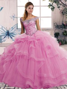 Cheap Off The Shoulder Sleeveless 15 Quinceanera Dress Floor Length Beading and Ruffles Rose Pink Tulle