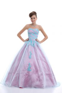 Deluxe Sleeveless Floor Length Appliques Lace Up 15th Birthday Dress with Light Blue