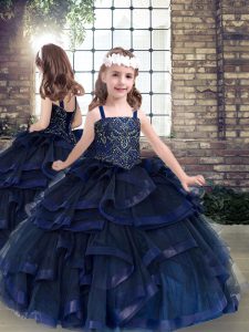  Floor Length Navy Blue Little Girls Pageant Gowns Straps Sleeveless Lace Up