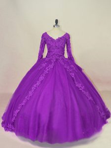 Pretty Purple Long Sleeves Tulle Lace Up 15th Birthday Dress for Sweet 16 and Quinceanera