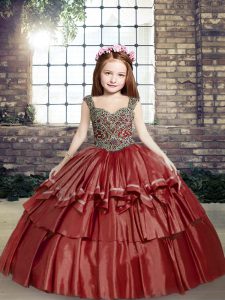 Lovely Red Taffeta Lace Up Little Girls Pageant Dress Wholesale Sleeveless Floor Length Beading
