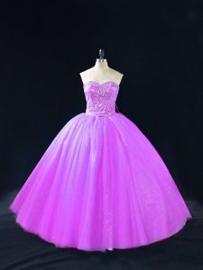  Purple Tulle Lace Up Quinceanera Dresses Sleeveless Floor Length Beading