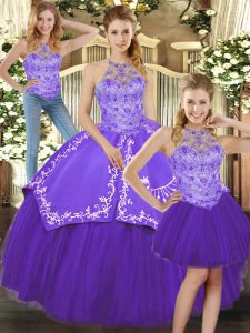 Amazing Purple Sleeveless Floor Length Beading and Embroidery Lace Up Sweet 16 Quinceanera Dress