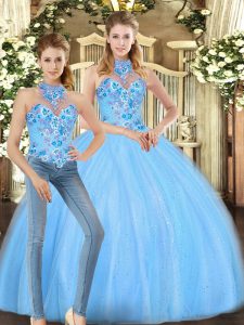 Clearance Tulle Halter Top Sleeveless Lace Up Embroidery Vestidos de Quinceanera in Baby Blue