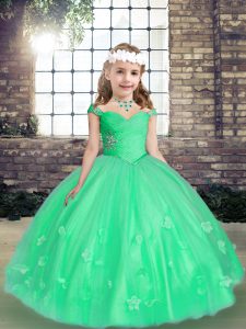  Sleeveless Lace Up Floor Length Beading and Hand Made Flower Little Girl Pageant Dress