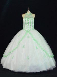 Best White Sleeveless Floor Length Appliques Lace Up Quinceanera Dresses