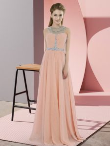 Edgy Peach Sleeveless Floor Length Beading Zipper Prom Dresses