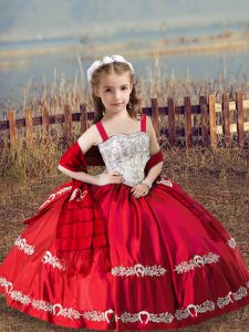  Coral Red Lace Up Straps Beading and Embroidery Kids Formal Wear Satin Sleeveless