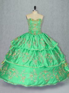 Colorful Sleeveless Floor Length Embroidery and Ruffled Layers Lace Up 15 Quinceanera Dress with Green