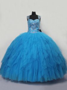 Modern Blue Ball Gowns Tulle Straps Sleeveless Beading and Ruffles Floor Length Lace Up 15th Birthday Dress