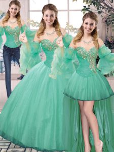 Simple Tulle Sweetheart Sleeveless Lace Up Beading 15 Quinceanera Dress in Turquoise