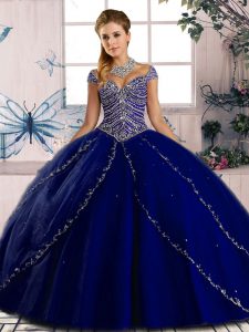  Royal Blue Tulle Lace Up Quinceanera Gowns Cap Sleeves Brush Train Beading