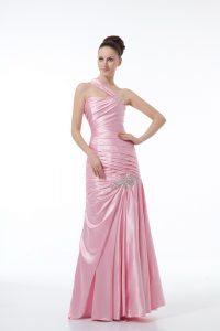 Latest Baby Pink Lace Up Beading and Ruching Sleeveless Floor Length