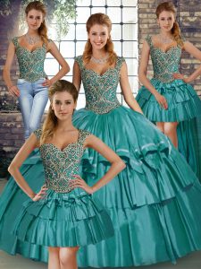  Teal Straps Neckline Beading and Ruffled Layers Quince Ball Gowns Sleeveless Lace Up