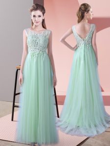  Scoop Sleeveless Dama Dress for Quinceanera Brush Train Beading and Lace Apple Green Tulle