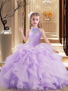 High End Floor Length Ball Gowns Sleeveless Lavender Girls Pageant Dresses Lace Up