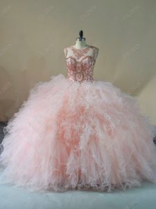 Superior Pink Sweet 16 Quinceanera Dress Tulle Brush Train Sleeveless Beading and Ruffles