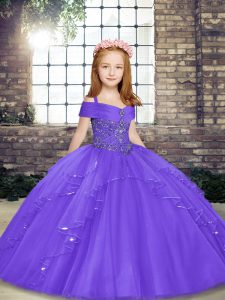 Custom Design Lavender Pageant Gowns For Girls Party and Wedding Party with Beading Straps Sleeveless Lace Up