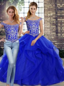 Graceful Royal Blue Sweet 16 Dresses Military Ball and Sweet 16 and Quinceanera with Beading and Ruffles Off The Shoulder Sleeveless Brush Train Lace Up