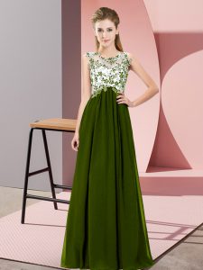 On Sale Olive Green Empire Scoop Sleeveless Chiffon Floor Length Zipper Beading and Appliques Dama Dress