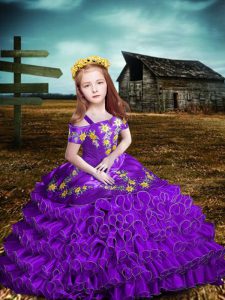  Purple Lace Up Off The Shoulder Embroidery and Ruffled Layers Girls Pageant Dresses Organza Short Sleeves