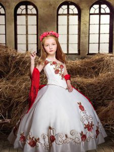  White Lace Up Off The Shoulder Embroidery Kids Pageant Dress Satin Sleeveless