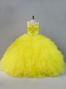 Amazing Yellow Green Lace Up Sweetheart Beading and Ruffles Quinceanera Gown Tulle Sleeveless