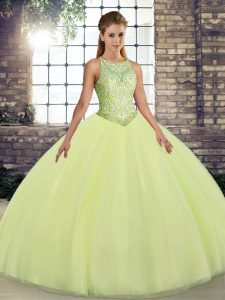  Yellow Green Sleeveless Embroidery Floor Length Quince Ball Gowns