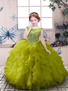 Attractive Olive Green Scoop Zipper Beading and Ruffles Kids Formal Wear Sleeveless