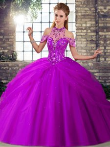 Best Selling Tulle Halter Top Sleeveless Brush Train Lace Up Beading and Pick Ups Quince Ball Gowns in Purple