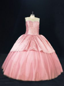 Designer Pink Lace Up Scoop Beading Sweet 16 Dresses Tulle Sleeveless