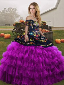  Sleeveless Floor Length Embroidery and Ruffled Layers Lace Up Sweet 16 Dresses with Black And Purple 