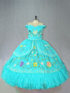 Chic Aqua Blue Lace Up Off The Shoulder Embroidery 15 Quinceanera Dress Satin Sleeveless