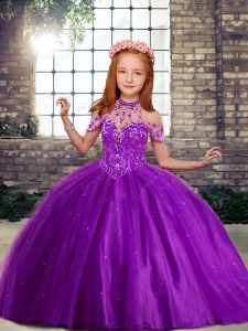  Purple Ball Gowns Beading Kids Pageant Dress Lace Up Tulle Sleeveless Floor Length