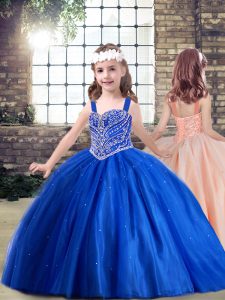  Straps Sleeveless Kids Pageant Dress Floor Length Beading Royal Blue Tulle