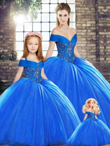  Royal Blue Ball Gowns Off The Shoulder Sleeveless Organza Brush Train Lace Up Beading Vestidos de Quinceanera
