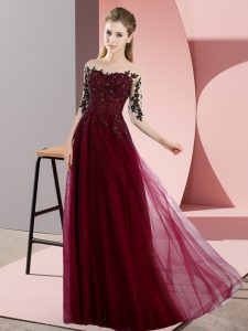 High Class Burgundy Empire Beading and Lace Dama Dress Lace Up Chiffon Half Sleeves Floor Length