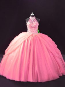  Pink Sleeveless Tulle Lace Up Ball Gown Prom Dress for Sweet 16 and Quinceanera