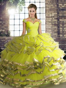 Most Popular Off The Shoulder Sleeveless Tulle Quinceanera Gown Beading and Ruffled Layers Lace Up