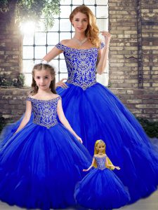  Royal Blue Ball Gown Prom Dress Military Ball and Sweet 16 and Quinceanera with Beading and Ruffles Off The Shoulder Sleeveless Lace Up