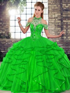  Sleeveless Floor Length Beading and Ruffles Lace Up Quince Ball Gowns with Green