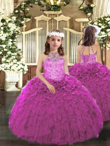 Top Selling Tulle Halter Top Sleeveless Lace Up Beading and Ruffles Little Girls Pageant Dress in Fuchsia